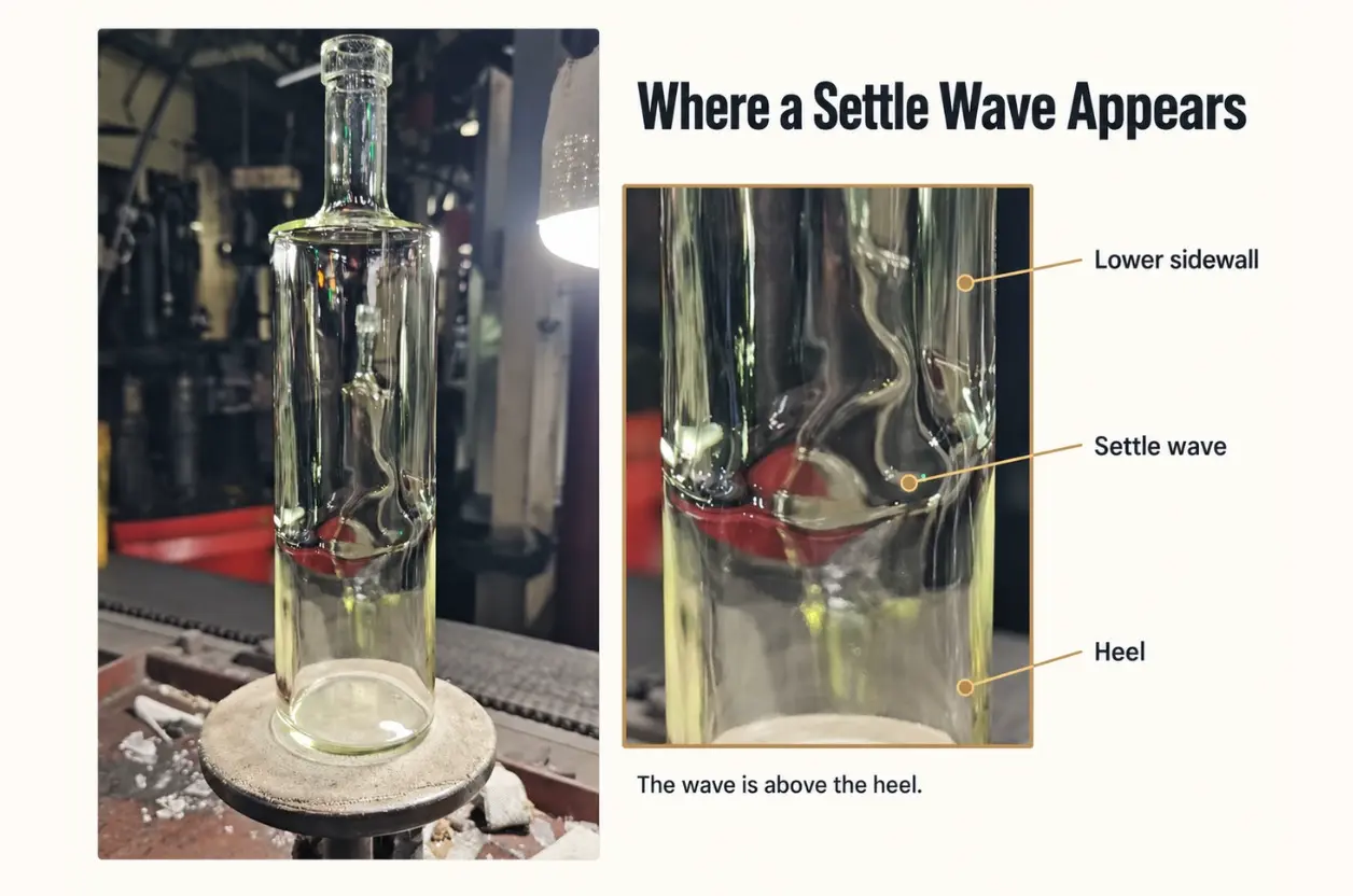 Glass bottle showing a settle wave in the lower sidewall with an enlarged close-up
