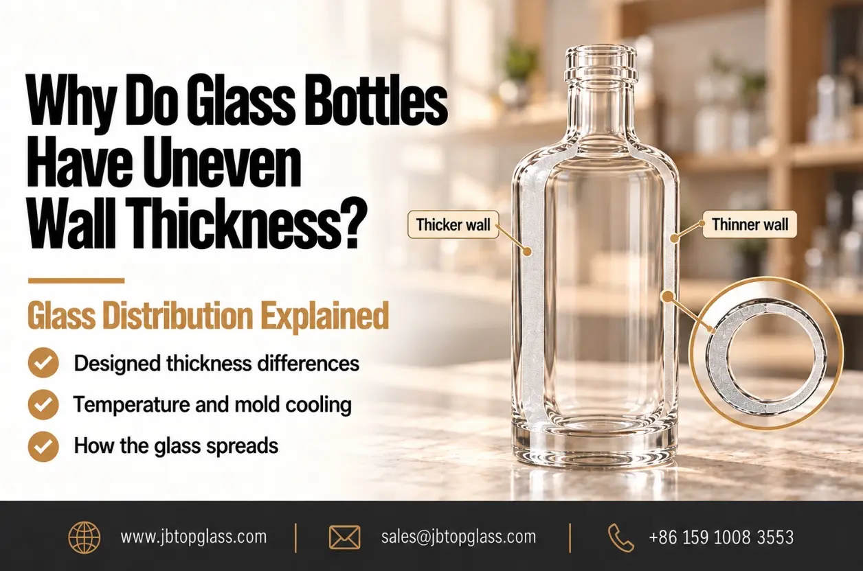 Clear glass bottle beside a cutaway illustration showing differences in wall and base thickness