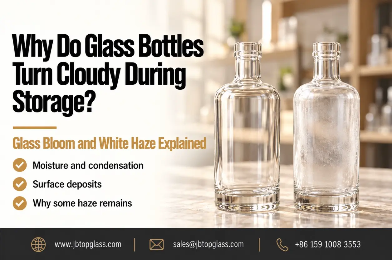 Clear and cloudy glass bottles showing white haze after storage